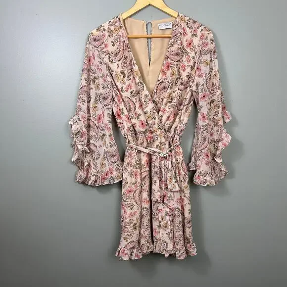 Dress Forum Floral Paisley Chiffon Ruffle Angel Sleeve Mini Dress V-Neck Small - Picture 3 of 7